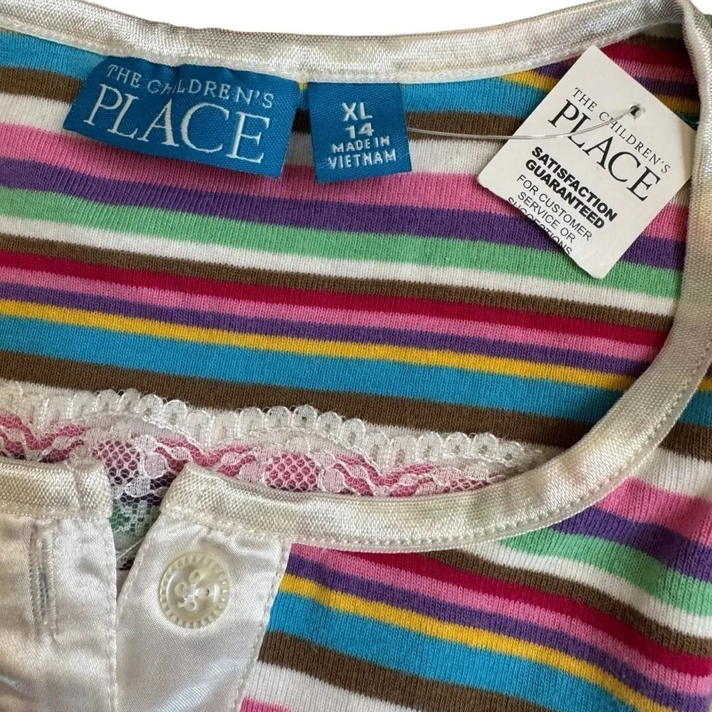 Y2K The Children’s Place Striped Rainbow Top Colorful Henley Lace XL 14 NEW
